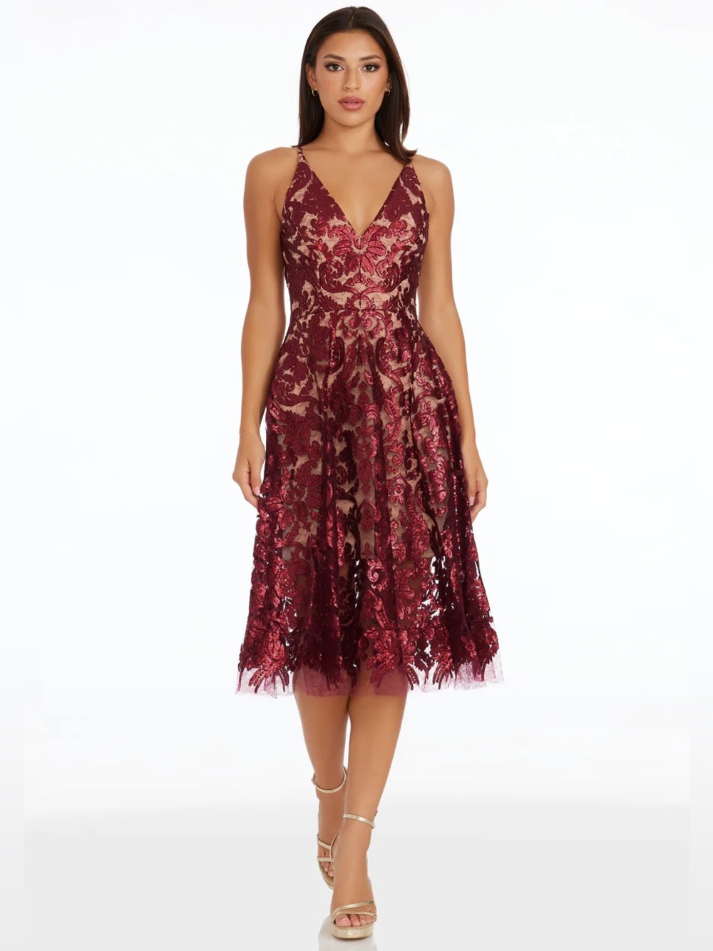 Dress The Population Blair Dress - Berry/Nude